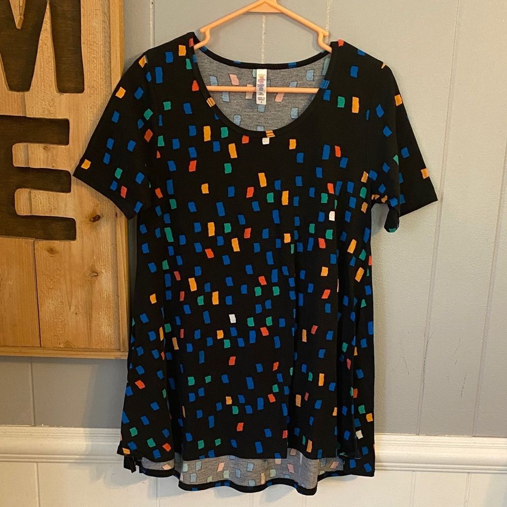 LuLaRoe Black Top with Multicolored Rectangles S